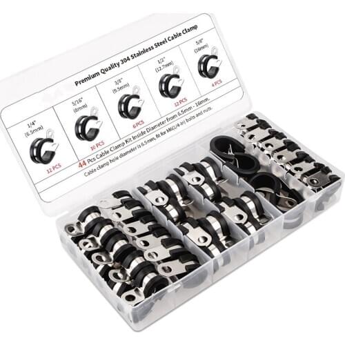 Clamps Assortment 44 Pieces Stainless Steel Rubber Cushion Pipe Clamps Assorted in 5 Size 1/4'' 5/16'' 3/8'' 1/2'' 5/8
