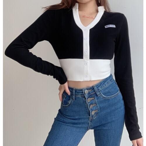Women Fashion T-Shirt Autumn Long Sleeve Top Color Block Crop Top Stylish Long Sleeve V-neck Top Casual Ladies Female Shirt