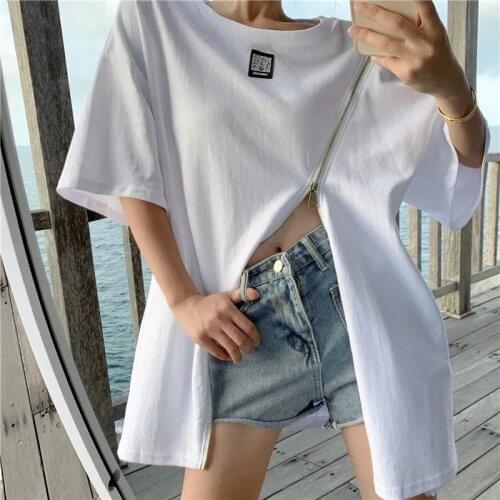 Women Fashion Zipper T Shirts 2021 Summer New Female Cotton Tees High Street Loose Tops Plus Szie Short Sleeve Solid T-shrits