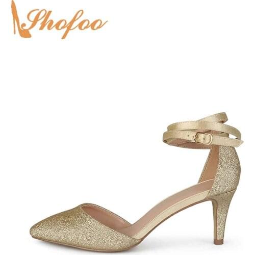Gold Pumps High Thin Heels Sequined Cloth Women Pointed Toe Lady Fashion Office Mature Strap Buckle Shoes Big Size 14 16 Shofoo