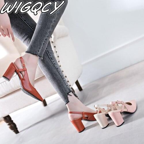 Women heels 2019 new PU leather Pointed Toe Buckle Strap Square heel sexy heels Fashion ladies shallow classic zapatos de mujer