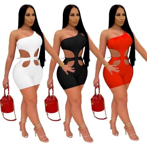 Hollow Out Solid Color Irregular One Shoulder Backless Crop Jumpsuits Sexy Club Outfits for Women 2021 Summer Bodysuit Romper