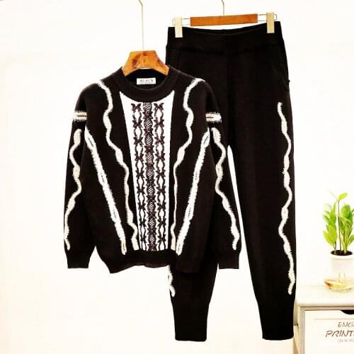 2019 Winter Women Sweater set Long Sleeve Sequin Embroidery Knitted Sweater Pullover Tops+Fashion Trousers Autumn Two Piece Set