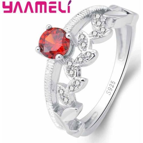 Petal Ornament With Red Cubic Zirconia 925 Sterling Silver Ring New Fashion Women Girls Jewelry ForWomen Engagement