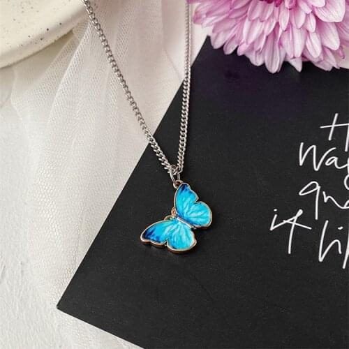 2020 New Ocean Blue Animal Butterfly Pendant Necklace for Women Silver Color Chain Collier Choker Wedding Jewelry Accessories