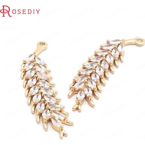 39571)4PCS 9x35MM 24K Gold Color Brass and Zircon Wheat Ears Charms Pendants Jewelry Making Supplies Diy Findings Accessories