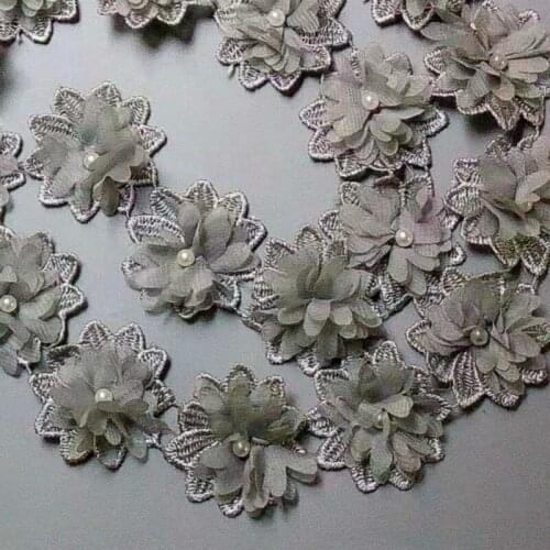50x Gray Flower Chiffon Pearl Embroidered Lace Trim Ribbon Fabric Handmade DIY Sewing Craft For Costume Hat Shoes Decoration