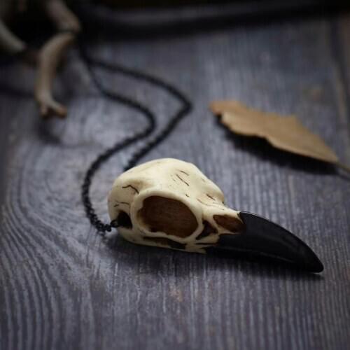 Beige Antique Crow Skull Pendant Necklace Cast Resin Replica 2.75" Magpie Skull Unique Gift Bird Skull Horror Goth Skull Gift