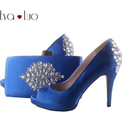 BS037 Custom Made Royal Blue Crystal Italian Shoes With Matching Bag Set Peep Toe High Heels Women Shoes Dress Pumps Big Size