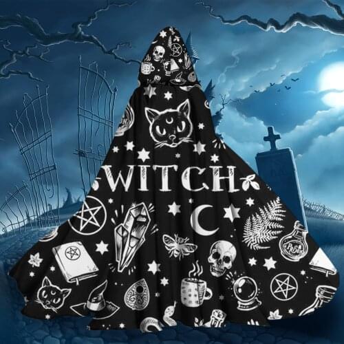 Black Halloween Cloak Gothic Skull Skeletons Pattern Unisex Loose Vampire Witch Cosplay Costumes Hooded Robes Capes for Adults