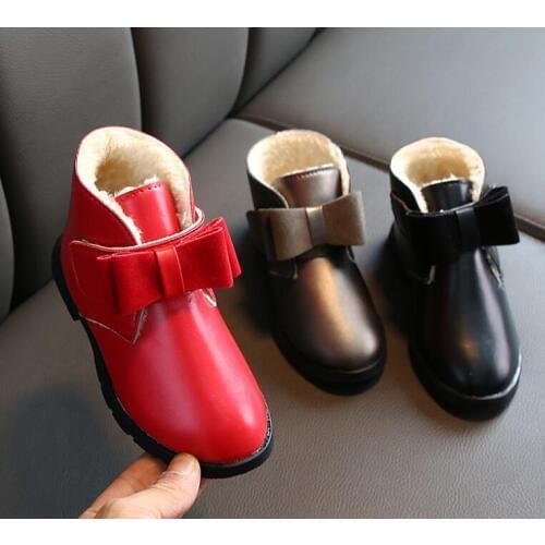 Childrens Boot Kids Shoes Boys Leather Boots Girls Sneaker Fashion Winter Thick Plush Lined Warm Boots Princess bow ankle boots