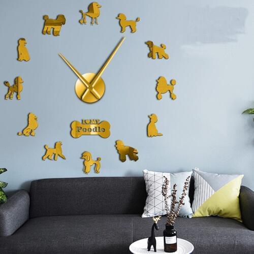 Diy dog pet wall stickers creative wall clock mirror effect large frameless 3D poodle home clock decoration living room wall art