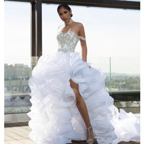 Designer Split High Low Ruffle Wedding Dresses Organza Tiers Beach Bridal Dress Plus Size Vestido De Noiva Wedding Gowns