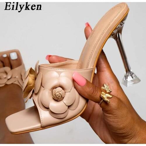 Eilyken New Fashion Flowers Designer Womens Shoes Elegant Square Toe Ladies Slippers Sandals Transparent Crystal Strange Heels