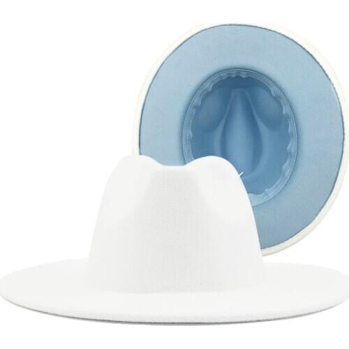 New Style Women Men Outer White Inner Sky Blue Wool Felt Jazz Two Tone Fedora Hat Vintage British Style Wide Brim Panama Cap