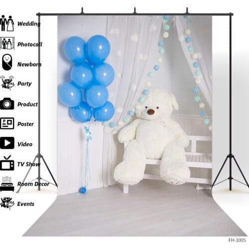 Blue Balloon Bear Curtain Baby Shower Portrait Newborn Birthday Party Photography Backgrounds Photo Studio Banner Backdrop Props