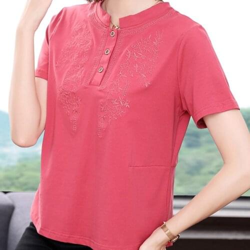 Floral Embroidery T-Shirt 2021 New Summer Tops Cotton Button T Shirt Women Casual Plus Size Tshirt Short Sleeve Tee Shirt Femme