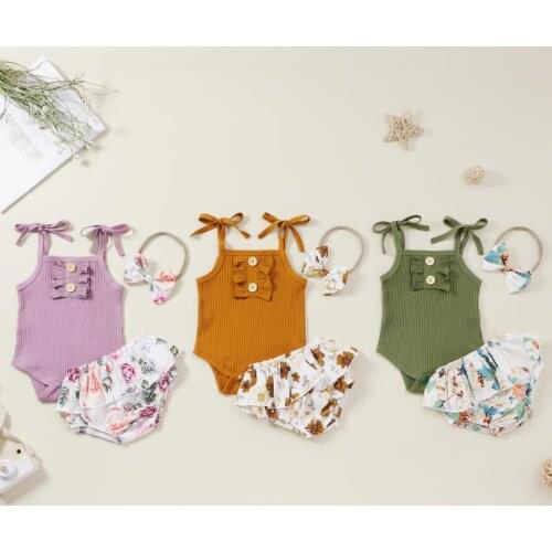 3pcs Set Summer Baby Girl’s Clothes Sweet Solid Color Suspender Jumpsuit Flower Short Pants with Headband Babys Sets
