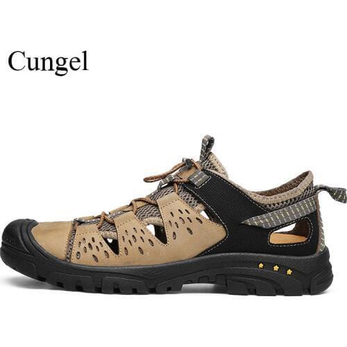 Cungel Sneakers men Breathable Hiking shoes Outdoor Trekking mountain Shoes Leather&Mesh Climbing shoes Non-slip Soft Sandals