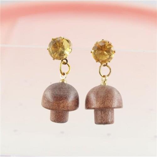 Cute Lovely Mushroom Plant Natural Wood Drop Earrings For Women Jewelry Dangle Zircon Wooden Earring Gifts 2021