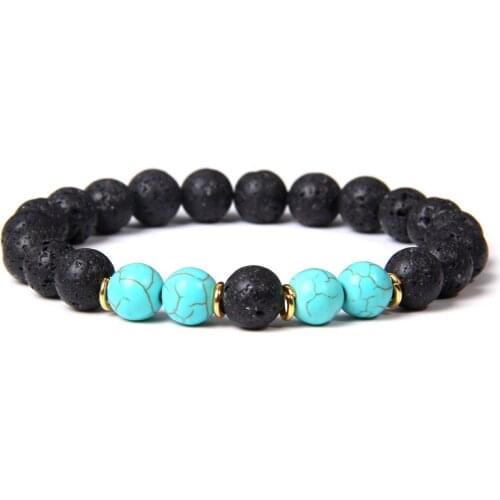 Fashion Men Charm Bracelet Natural Black Volcanic Lava Beads Bracelet 8mm Round Turquoises Beaded Energy Yoga Bracelet Unisex