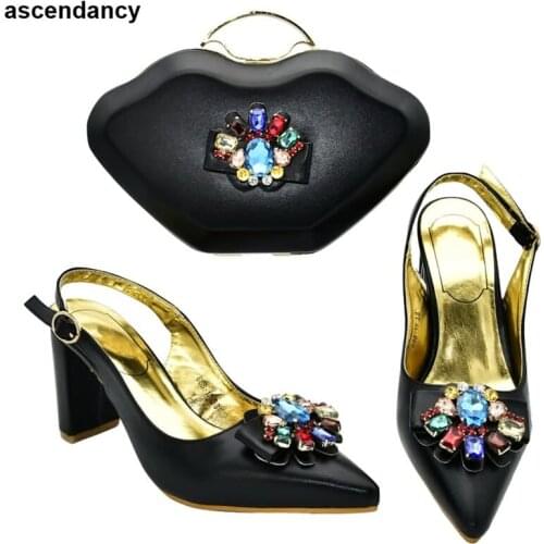 New Italian Shoe and Bag Set for Party In Women Nigerian Style Shoes and Bag Set Decorated with Rhinestone Shoes Woman High Heel