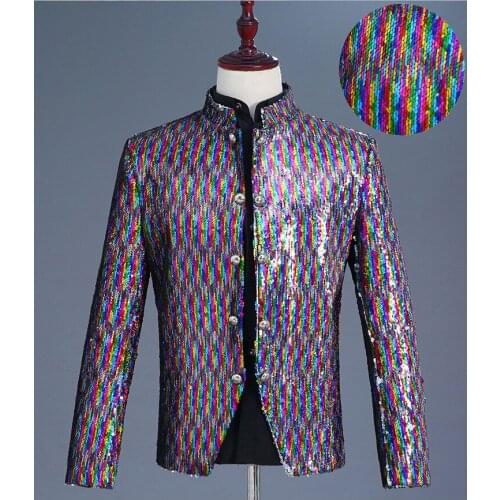 Mens Rainbow Color Sequin Blazer Jacket Brand Stand Collar Single Breasted Suit Blazer Stage Singer Host Nightclub Costume Homme
