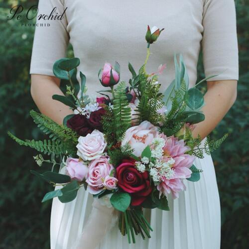 PEORCHID 2019 Designer Peonies Burgundy Pink Wedding Flower Bouquet For Bride Artificial Green Eucalyptus Style Bridal Bouquet