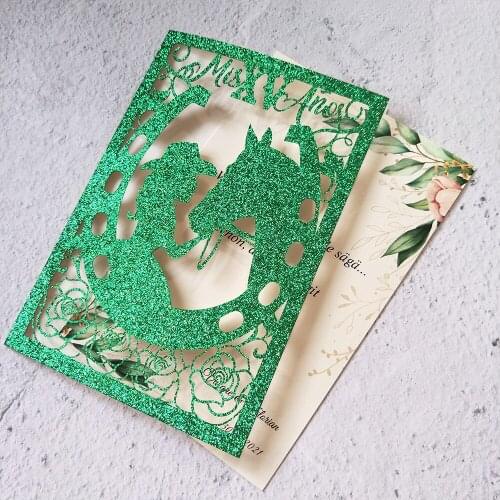 50X Green Quinceanera Party Invitation Personalized Print Gold Champagne Silver Horse Mis XV Anos Cards Sweet 15 Invites