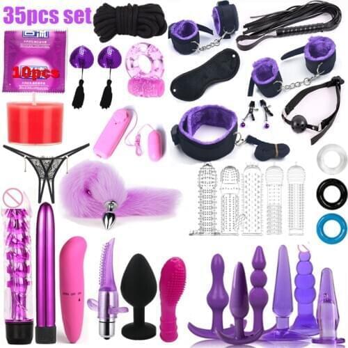 35Pcs set Sex Toys for Woman Adult Games Handcuffs Whip Mouth Gag Rope Metal Butt Plug Bdsm Bondage Set Bead Anal plug Vibrator