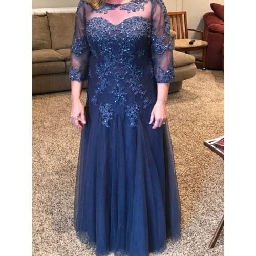 Blue Mother Of The Bride Dresses A-line 3/4 Sleeves Tulle Appliques Beaded Plus Size Long Groom Mother Dresses For Weddings