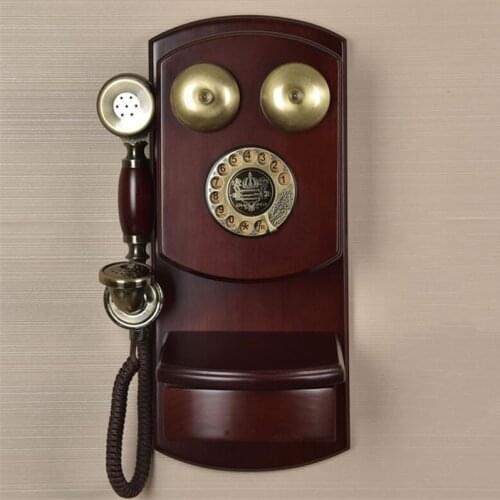 Antique Corded Fashion Solid wood vintage telephone wall-mounted old fashioned mechanical bell rotary dial Landline for Home