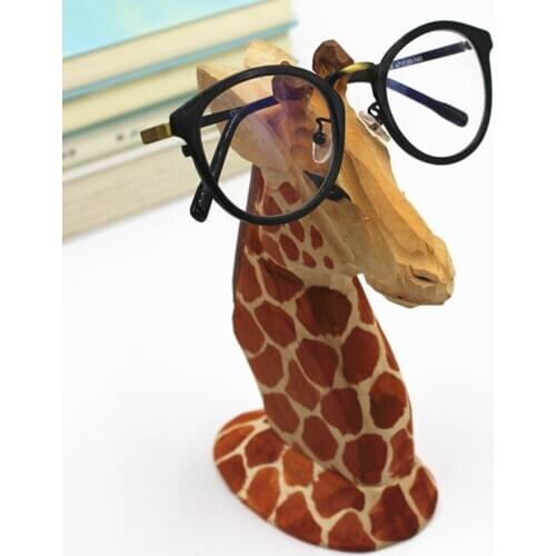 Giraffe Deer Alpaca Glasses Rack Holder Solid Wood Craft Basswood Carved Animals Head Statue Table Desk Ornaments Creative Gifts