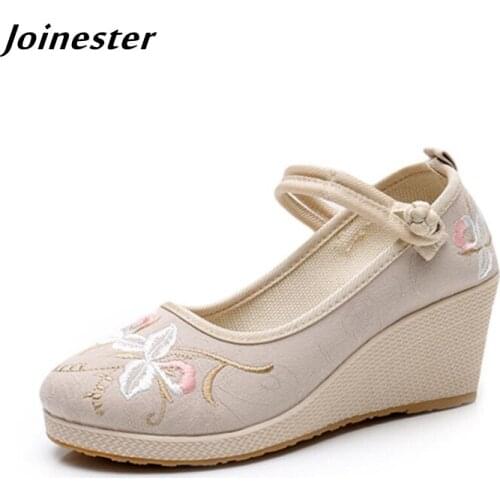 Round Toe Embroidered Women Pumps Женские туфли Summer Wedge Shoes for Ladies Retro Heels Ankle Strap Mary Jane Sandals