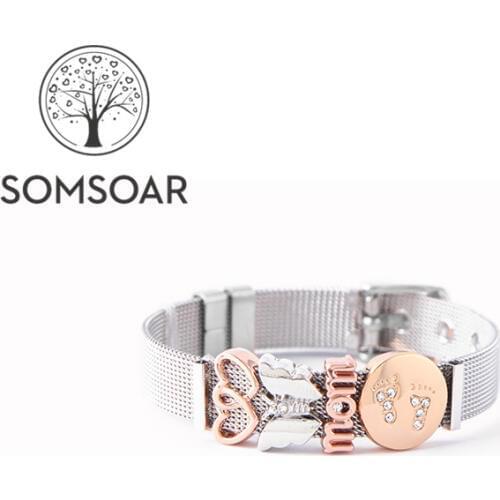 Somsoar Jewelry Beautiful Mesh Keys Bracelet Set with butterfly Double Heart Mom Babyfeet Charms as Mothers Day Gift