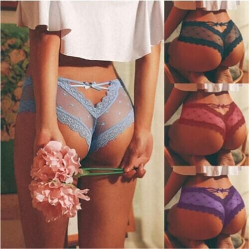 2020 Women Lingerie Panties Sexy Ladies Casual Cage Back Mesh Perspective Wave Shape Bow Underwear Transparent Briefs