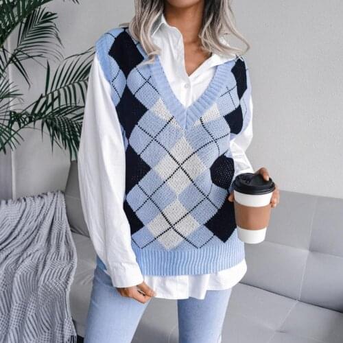 2021 New Autumn Women Sweater Vest Plaid High Elasticity Women Loose Sleeveless V Neck Knitted Winter Vest Streetwear