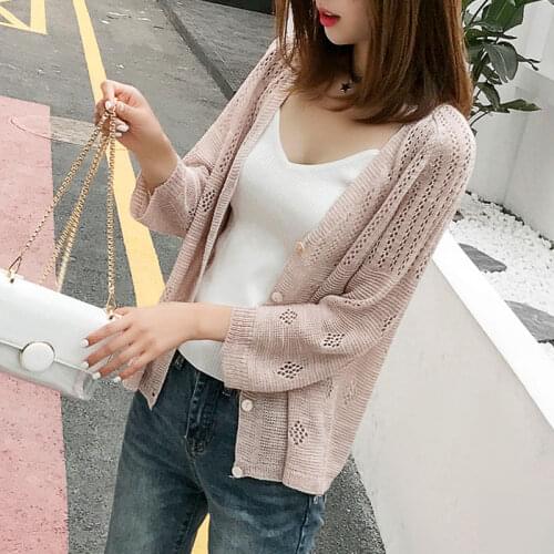Women 2020 Summer Long Sleeve Ice Silk Knit Cardigan Sweater Hollow V-Neck Thin Shirt Casual Loose Sweaters Female Tops Coat