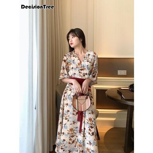 2021 japanese kimono dress women improved kimono mujer yukata japan dress flower v neck dress kimono lady printed dress with obi