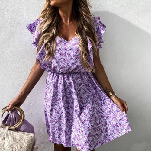 Dress Women Summer Floral Print Dress Casual High Waist V Neck Puff Sleeve Dress Female Sexy Short A Line Party Vestidos 2021