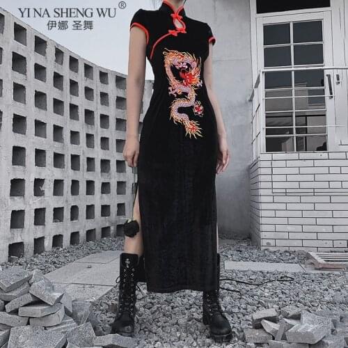 Chinese New Fashion Style Stand Collar Dress Emboridery Dragon Qipao Black/Red Vintage Evening Party Long Robe Cheongsam Sexy