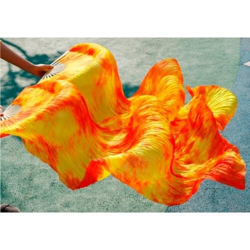 2018 female high quality Chinese silk veils dance fans Pair of belly dancing fans cheap hot sale red yellow mix color