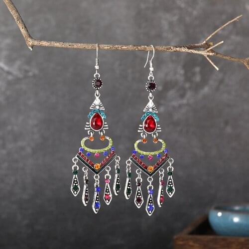 2021 Bohemian Womens Rhinestone Tassel Wedding Earrings Retro Ethnic Silver Color Rhombus Hollow Crystal Dangle Earring