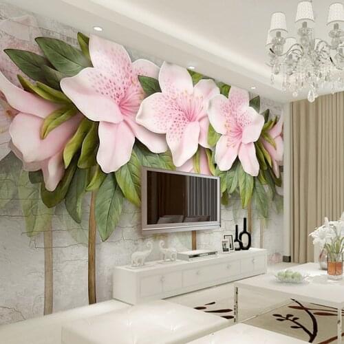3D Wallpaper Stereo Relief Pink Flowers Leaves Brick Wall Murals Bedroom Living Room TV Sofa Backdrop Wall Paintings Home Decor