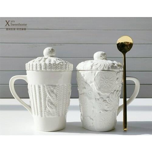 Lace wool relief ceramic cup creative mug with cover cup milk cup high cup with spoon water cup