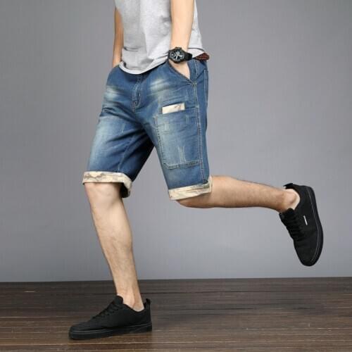 Summer Mens Plus Size 48 Knee Length Short Jeans Stretch Casual Loose Fit Denim Shorts Pockets Streetwear Jeans Bermuda Shorts