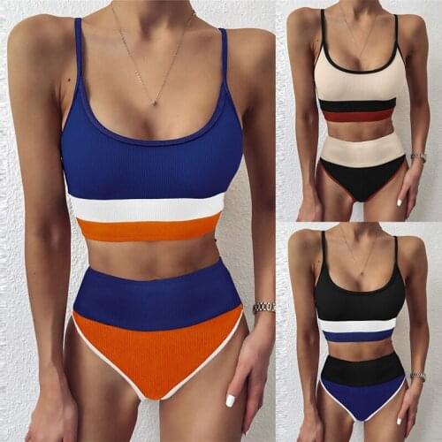 Hot kf-Womens Split Swimsuit Pit Stripe Stitching Sexy High Waist Bikini Suit Swimsuit
