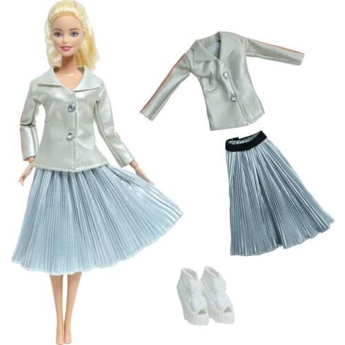 Fashion Doll Outfit Silver Coat + Pleated Skirt + Shoes White Boots Casual Wear Clothes Dress for Barbie Doll Accessories Toy