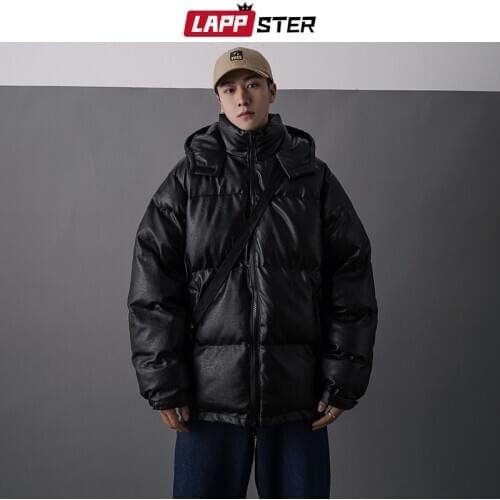 LAPPSTER Men Japanese Streetwear Leather Puffer Jacket 2020 Mens Hip Hop Black Winter Bubble Jackets Coats Couple Korean Parka