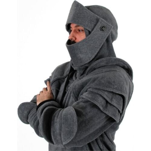 Retro men Pulling Rope Mask Knight Hoodies Autumn Winter mens Solid Color Elbow guard warm Pullover Casual Long Sleeve Hoodies